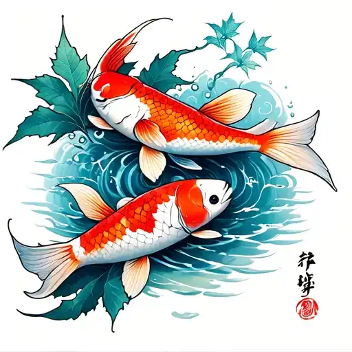 water, koi, Japanese maple leaf, sleeve tattoo tattoo design idea
