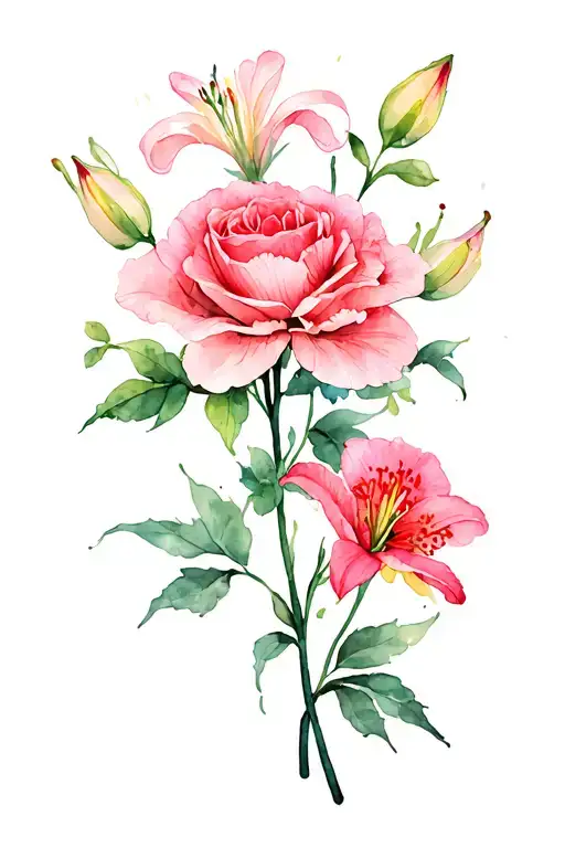 Carnation, rose and lily flowers blooming tattoo design idea