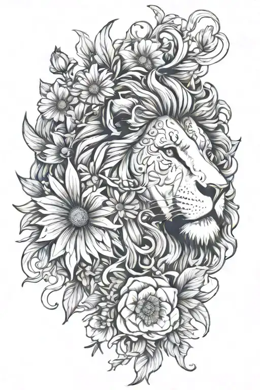 Alexander the Great, a running lion and a daisy flower tattoo design idea