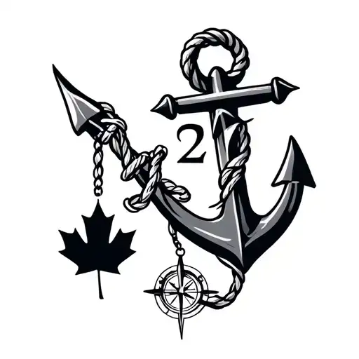 anchor with the number 27 stamped on it with rope dangling and a compass and a maple leaf in it. patch work tattoo design idea