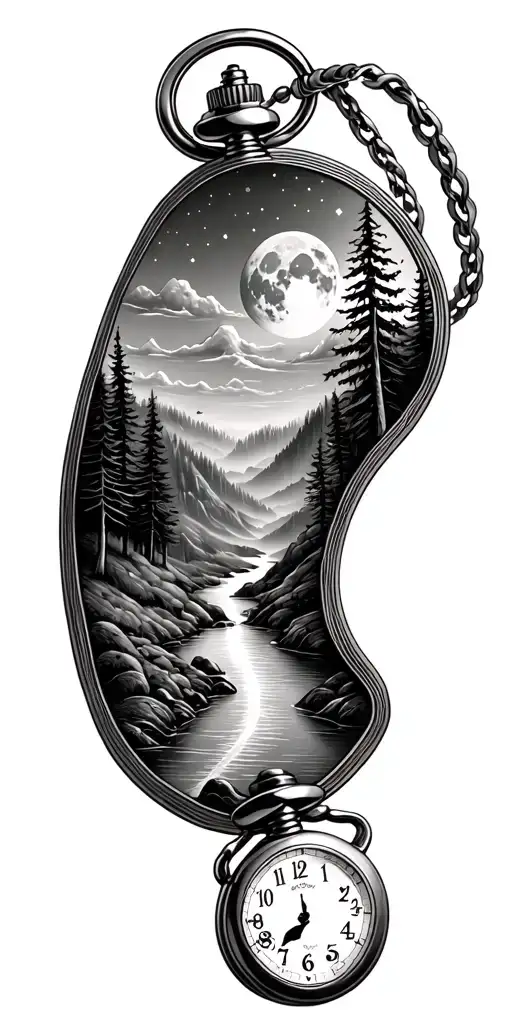 Pocket watch with river running down through the center, river surrounded by trees, mountains, night sky with moon above tattoo design idea