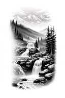 stream cascading waterfall in a forest with mountain peaks I. the background tattoo design idea