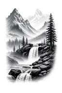 stream cascading waterfall in a forest with mountain peaks I. the background tattoo design idea