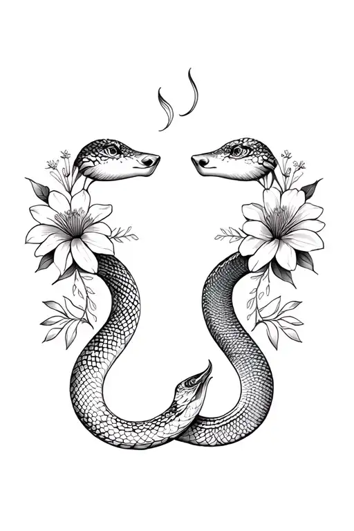 snake and flowers couple face to face tattoo design idea