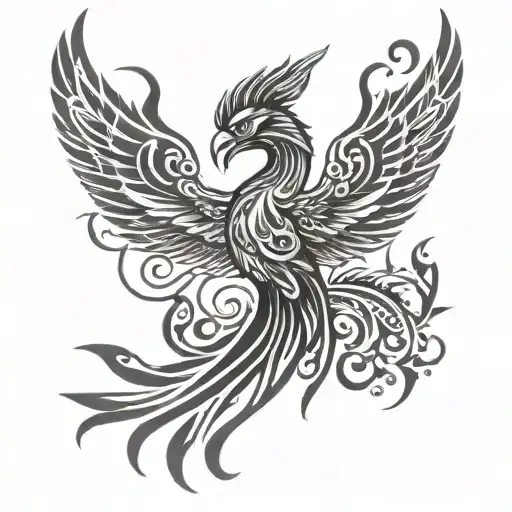 phoenix tattoo combining slight tribal elements, symmetry, fine line and daintiness  tattoo design idea