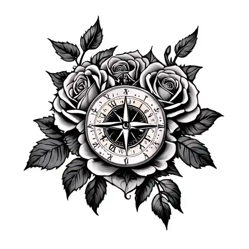 roses with a clock and a compass tattoo design idea