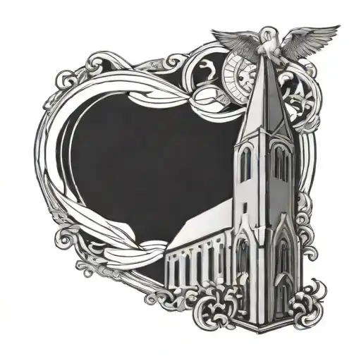 An intricate tattoo of a church with stained glass windows, surrounded by digital art elements representing the Holy Spirit tattoo design idea