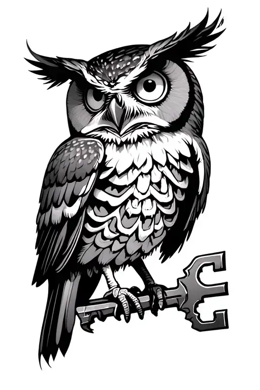 owl holding skeleton key with all seeing eye on the key teeth tattoo design idea