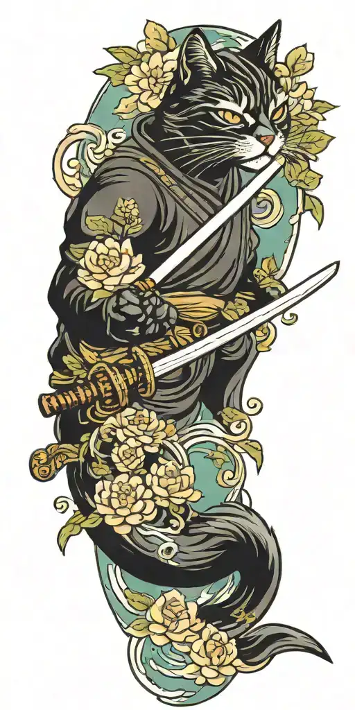 ninja cat holding katana sword, tail, water, waves, lotus, sakura, clouds, whirlpool, leaves, peony tattoo design idea