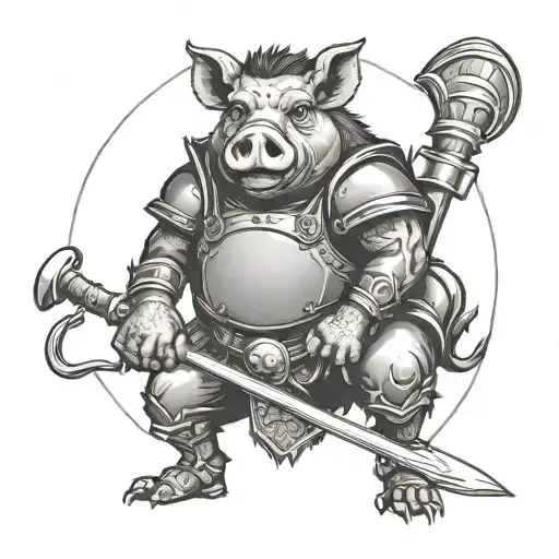 wild hog in armor holding golf club tattoo design idea