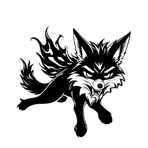A black and white fire fox for an arm tattoo and it looks like it's angry. Make it more realistic tattoo design idea