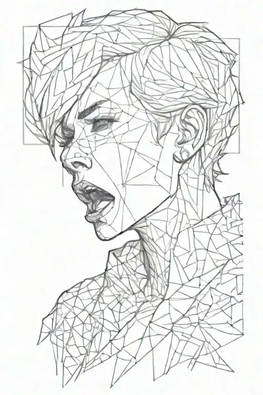 woman screaming, hands on the ears, short hair masculine presenting. the head is divided in blocks shifted left and righ tattoo design idea