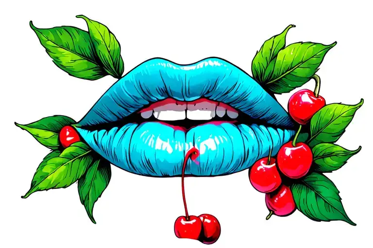 plump lips bitting cherry tattoo design idea