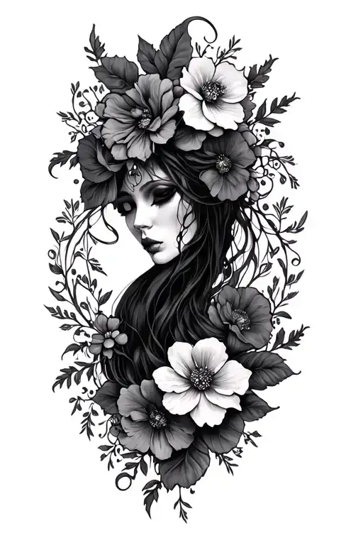 gothic theme with florals leg sleeve tattoo design idea