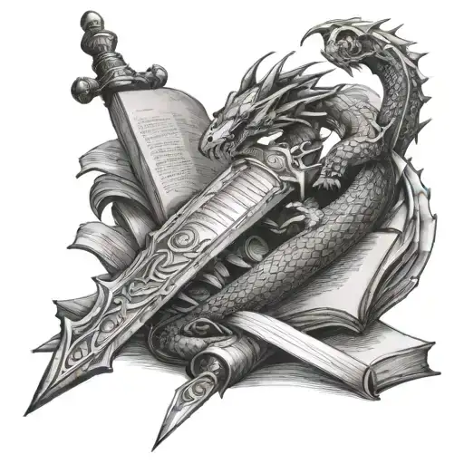dragon wrapped sword with books tattoo design idea