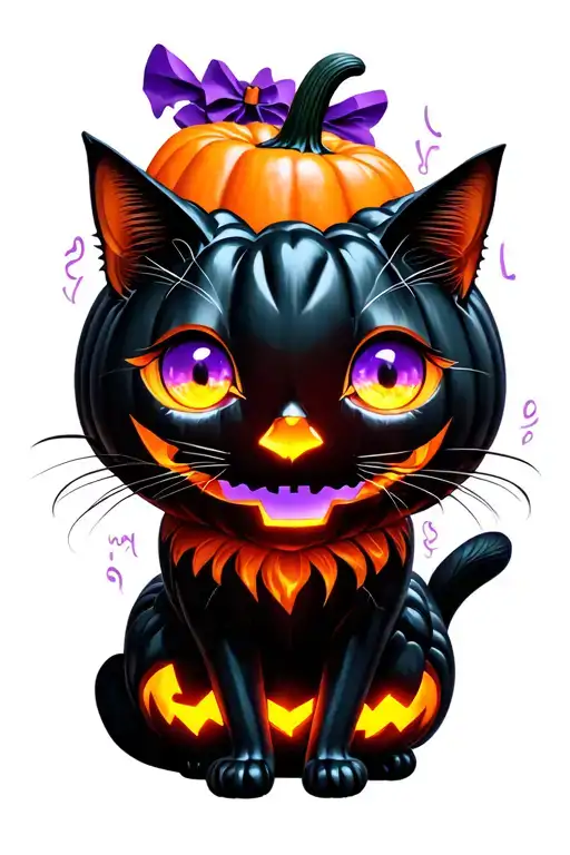 kawaii Halloween pumpkins black cat with purple eyes tattoo design idea
