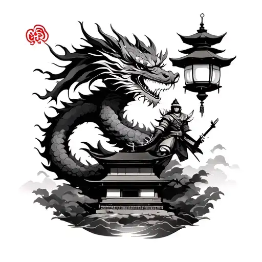 Japanese dragon with samurai warrior lantern and Shinto temple  tattoo design idea