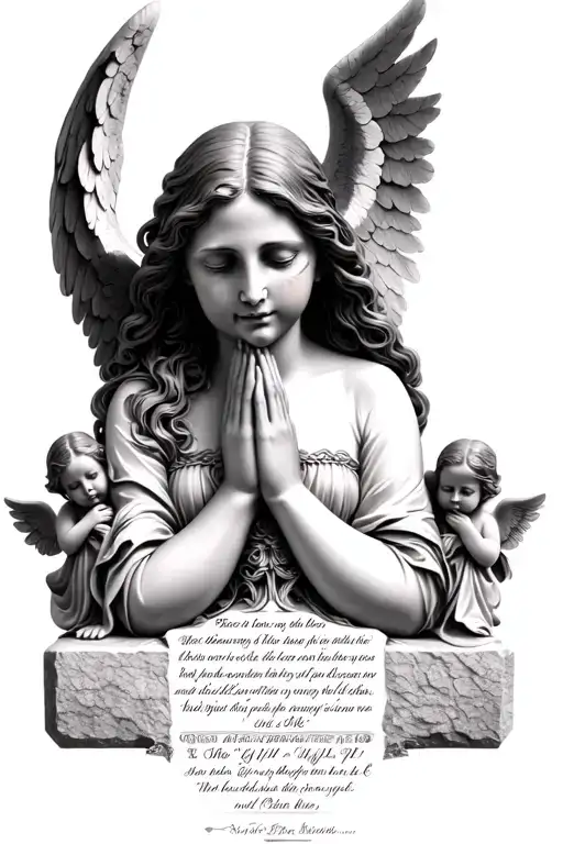 1600 angel women crying hands together, stone under her 3 scriptures written, 2 small angels each side praying crying tattoo design idea