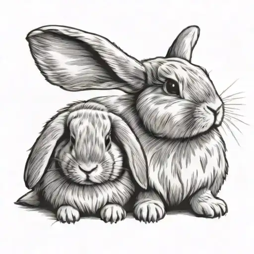 Two mini lop rabbits, one loafing, one periscoping tattoo design idea