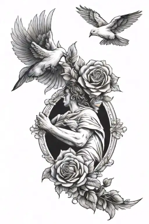creation of Adam with rose and dove either side view tattoo design idea