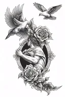 creation of Adam with rose and dove either side view tattoo design idea
