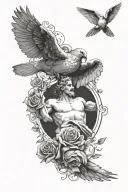 creation of Adam with rose and dove either side view tattoo design idea