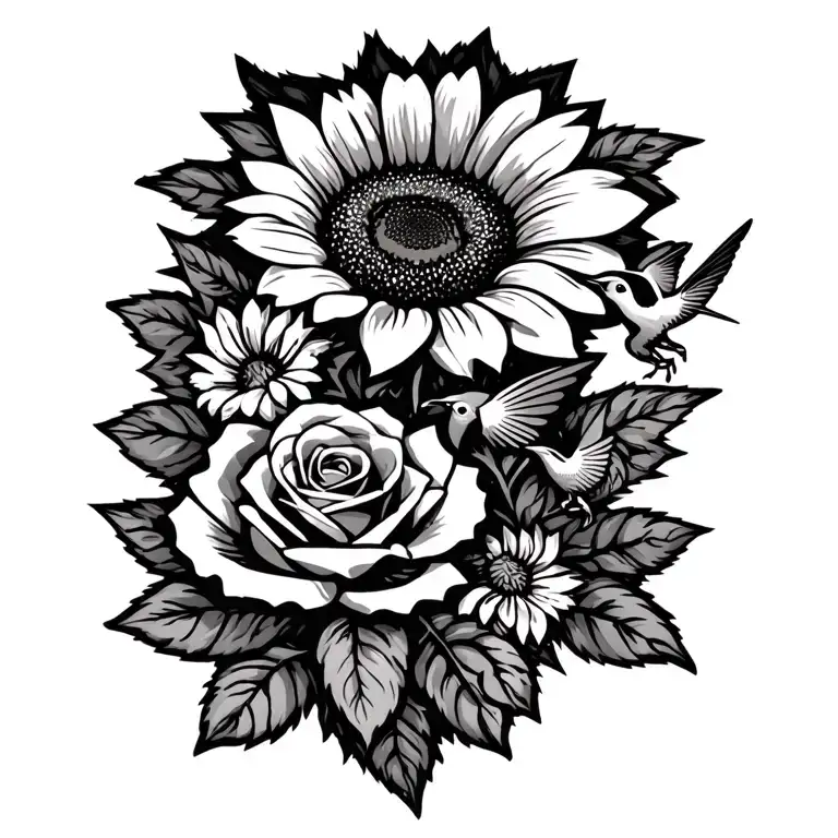 sunflowers and roses hummingbirds  tattoo design idea
