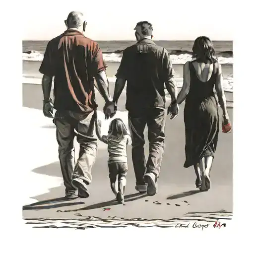 Father, mother, son and daughter with red balloon, walking on the beach, hand in hand, sunset, footprints in the sand tattoo design idea