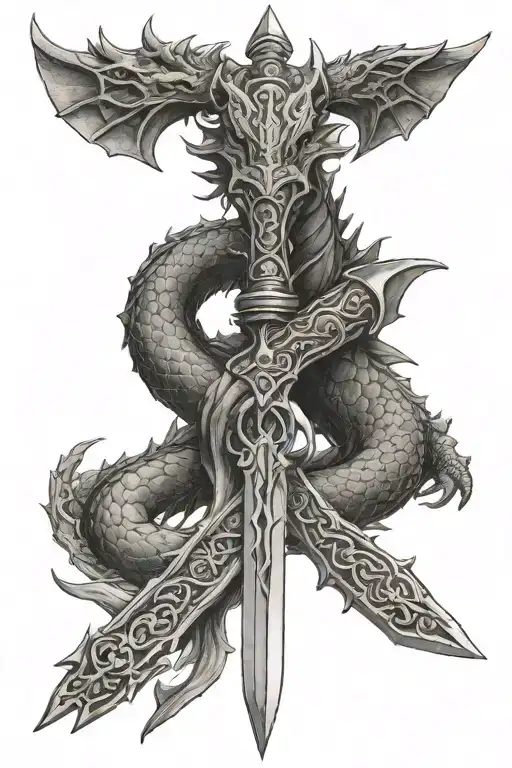 norse sword and dragon intertwined tattoo design idea