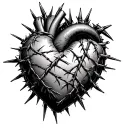A heart not made of flesh, but rough, stitched leather. It’s encircled in barbed wire that bites in, drawing thin black  tattoo design idea