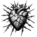 A heart not made of flesh, but rough, stitched leather. It’s encircled in barbed wire that bites in, drawing thin black  tattoo design idea