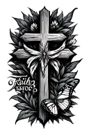 slim wood cross with butterfly on bottom left with text faith over fear tattoo design idea