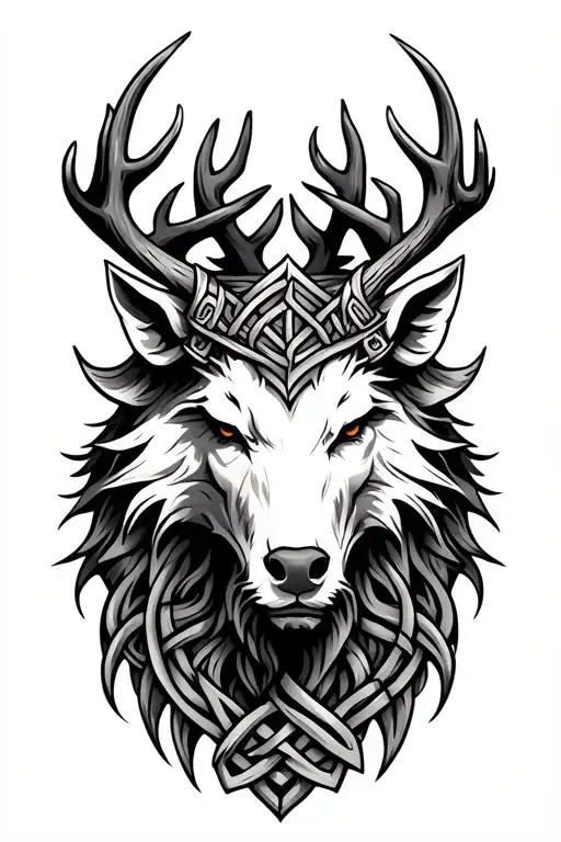 fenrir and stag head viking knot intertwined tattoo design idea