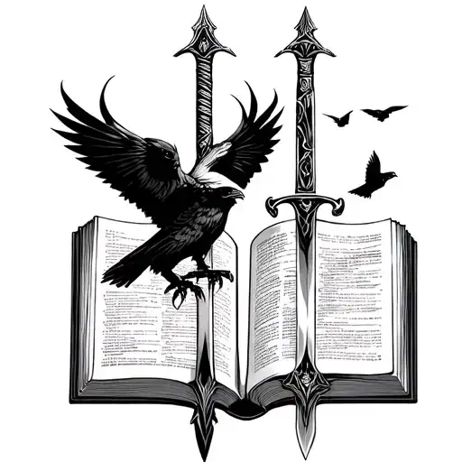 Two vertical swords, blades down. Open book below with flying pages. Raven on one handle, swallow on the other. tattoo design idea