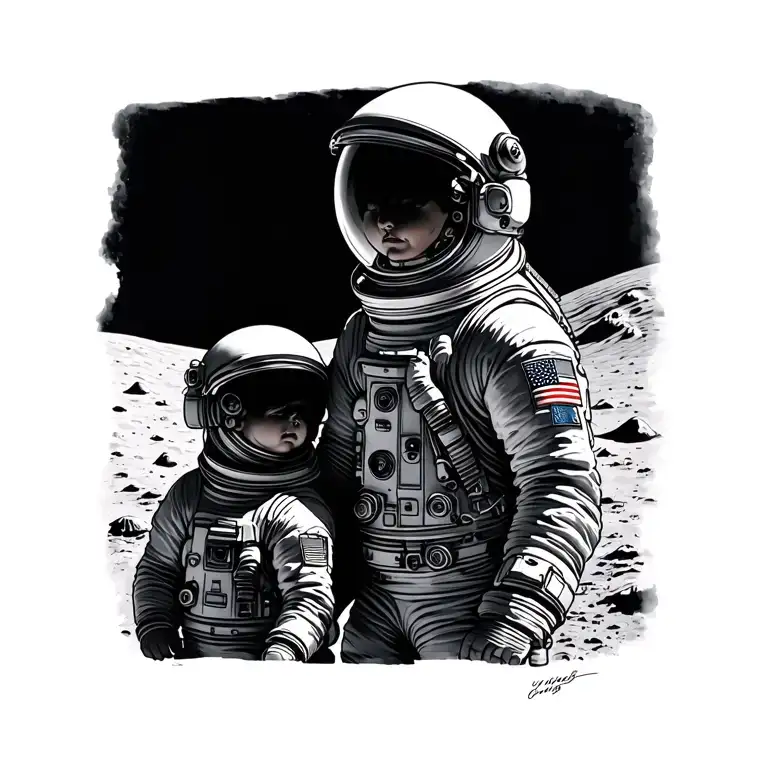 Astronaut father and son on the moon tattoo design idea
