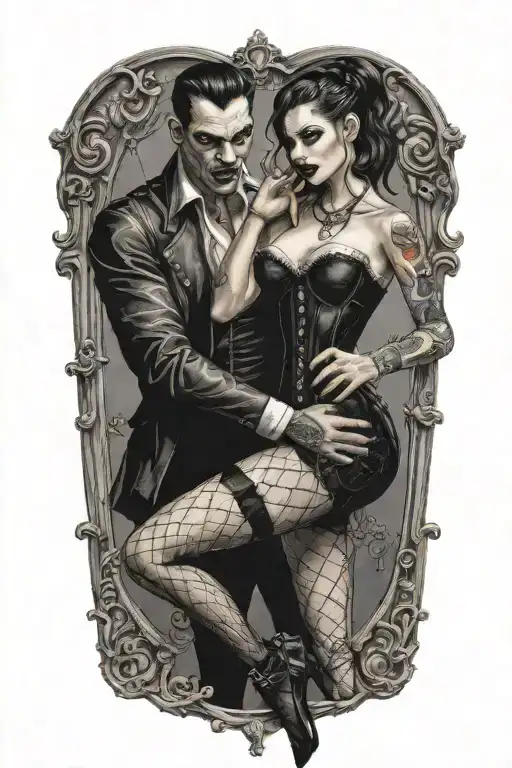 realistic scene of a gothic pinup girl waering half corset and fishnets being bitten by a scary male vampire tattoo design idea