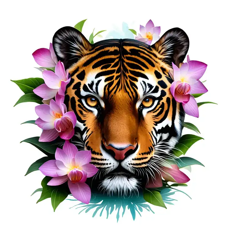 tiger face surrounded by orchids and lotus flowers tattoo design idea