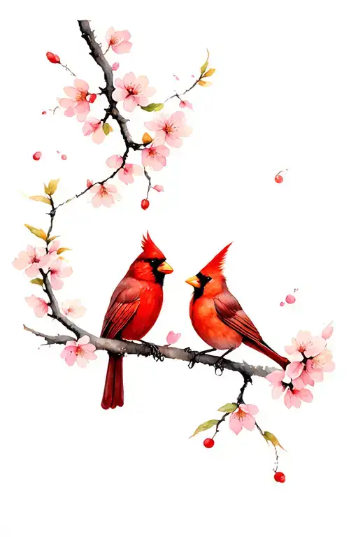 A male cardinal and a female cardinal looking at each other sitting on one cherry blossom branch tattoo design idea