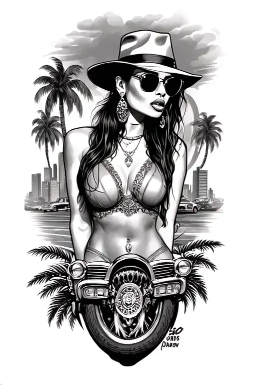 gangster Chicano art with a hot chick a low rider and a city and palm trees in the background  tattoo design idea