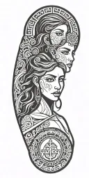 Libra and young woman with  young girl who takes knife behind and smile tattoo design idea