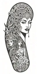 Libra and young woman with  young girl who takes knife behind and smile tattoo design idea