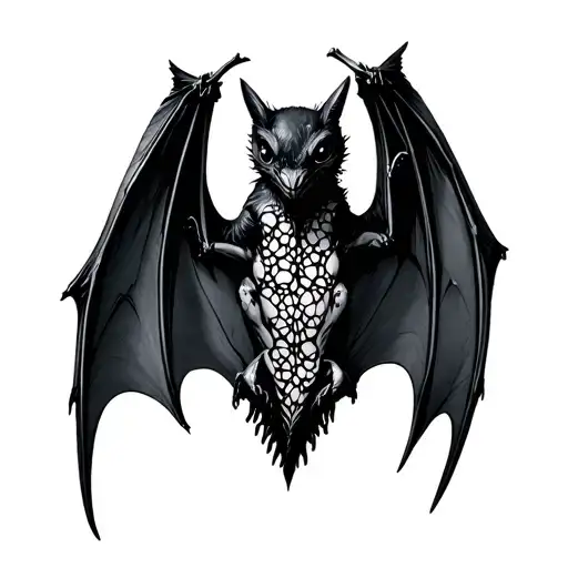 symmetric black lace bat with wings spread open tattoo design idea