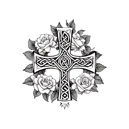 Celtic Cross with the word strength surrounded by roses. tattoo design idea