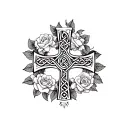 Celtic Cross with the word strength surrounded by roses. tattoo design idea