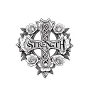 Celtic Cross with the word strength surrounded by roses. tattoo design idea
