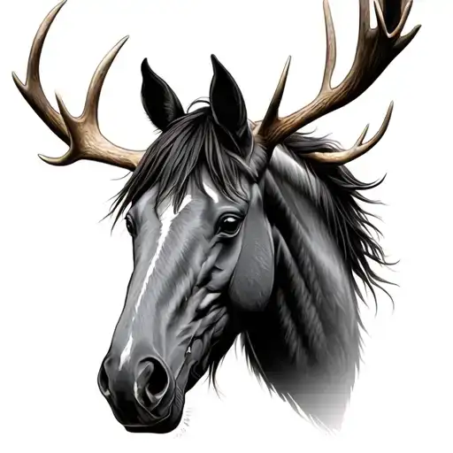 Grey thoroughbred horse head with moose antlers  tattoo design idea