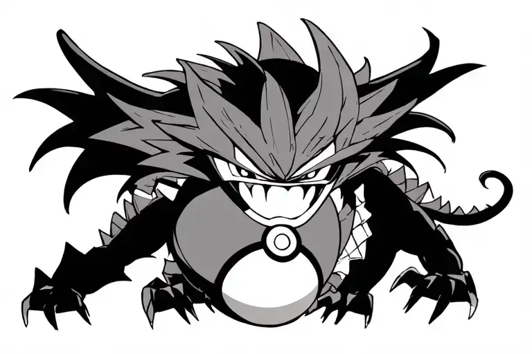 cererbus with dragon ball and pokeball in mouth tattoo design idea