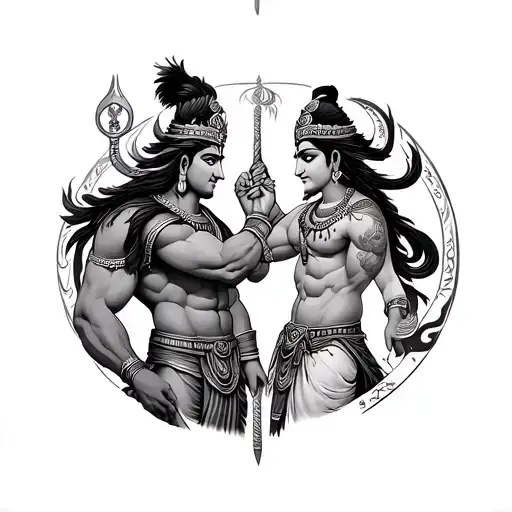 "A tattoo design that symbolizes the deep friendship between Karna and Arjuna, combined with symbols of the three divine tattoo design idea