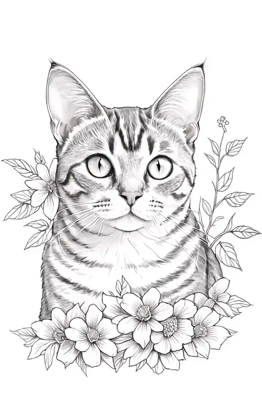 gray tabby cat and flowers tattoo design idea