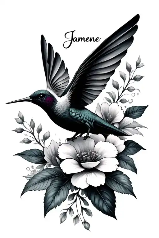 "Jamene" humming bird with flowers  tattoo design idea